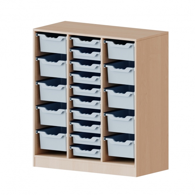 ErgoTray Regal, 3reihig, rechts+links je 5 hohe, mittig, 10 flache Boxen, B/H/T 104,5x118x40cm 